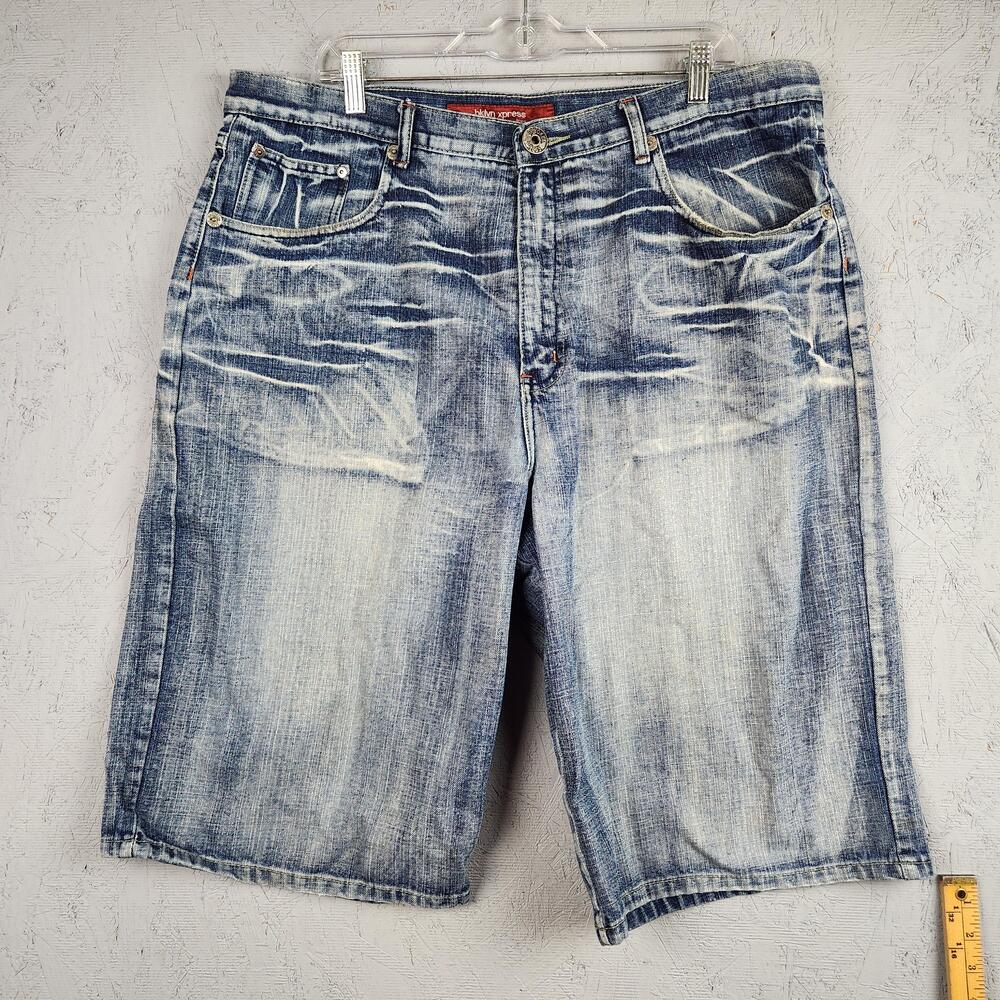 Vintage Brooklyn Xpress Shorts Mens 40 Blue Light Wash Distressed Faded Long Y2k